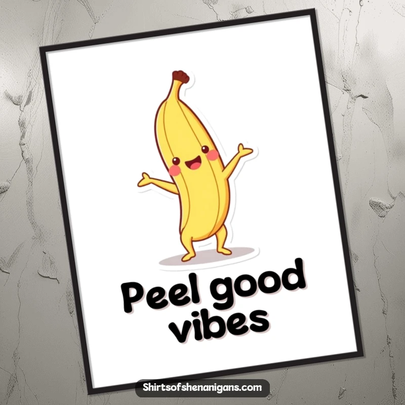 Funny poster print of a happy banana performing a handstand with a cheerful expression.