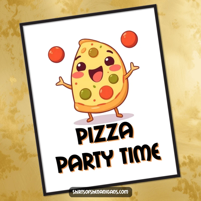 Funny Poster: Happy pizza slice juggling three tiny meatballs, a delightful and humorous wall art for foodies.