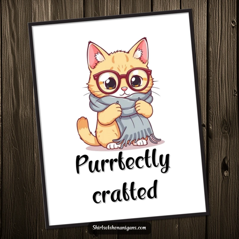 Funny Cat Knitting Poster: A cat in large reading glasses struggles to knit a massive scarf, creating whimsical and funny wall art.