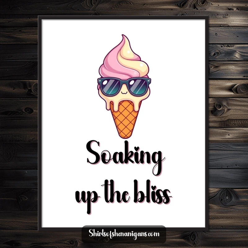 Funny poster art of a melting ice cream cone wearing sunglasses, exuding a humorous sense of relief.