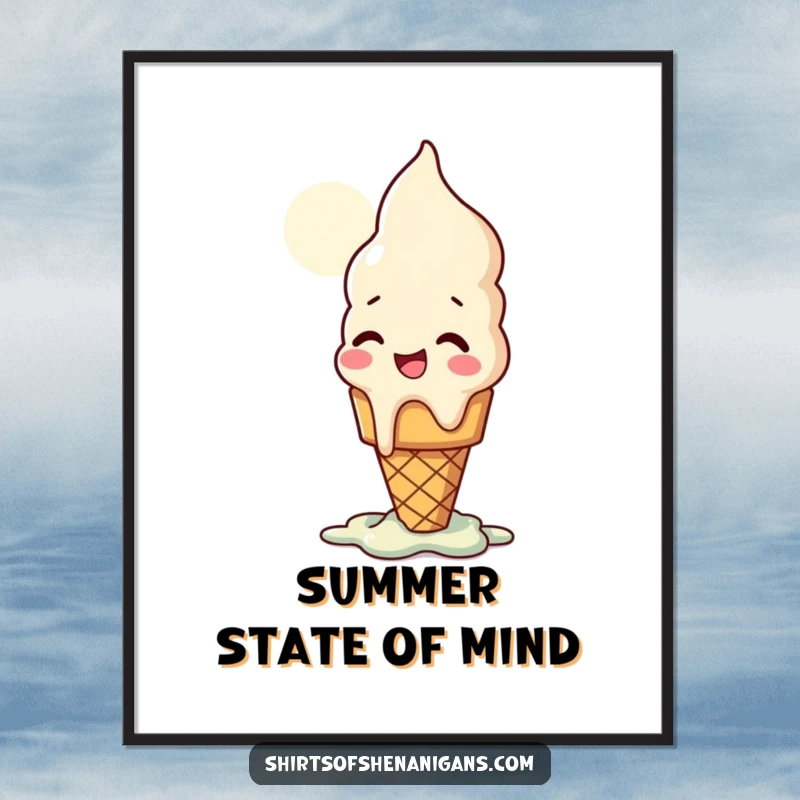 Funny poster featuring a giggling ice cream cone melting dramatically under the sun, a cheerful and comical artwork.