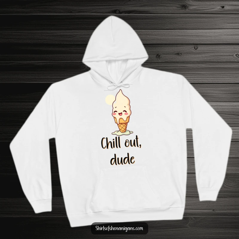 Funny hoodie showcasing a giggling ice cream cone succumbing to the sun's heat, a cozy and comical apparel.