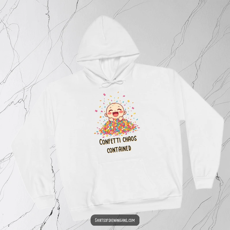 Funny Giggling Confetti Hoodie showing a vibrant pile of confetti enthusiastically celebrating, offering warmth and festivity, a funny gift.