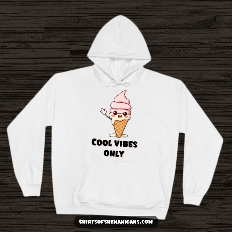 Funny ice cream cone hoodie featuring a cheerful character slightly melting while waving excitedly, offering cozy and humorous warmth.