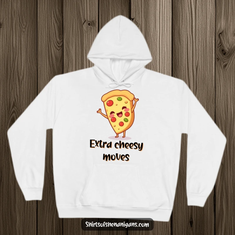 Funny hoodie featuring a smiling pizza slice doing a cartwheel, bringing cheesy comfort and cozy, funny gift.