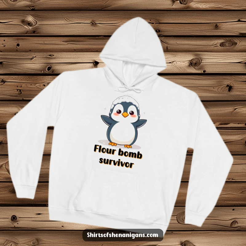 Funny Hoodie: A clumsy penguin covered in flour looks confused, ideal for cozy, humorous relaxation.