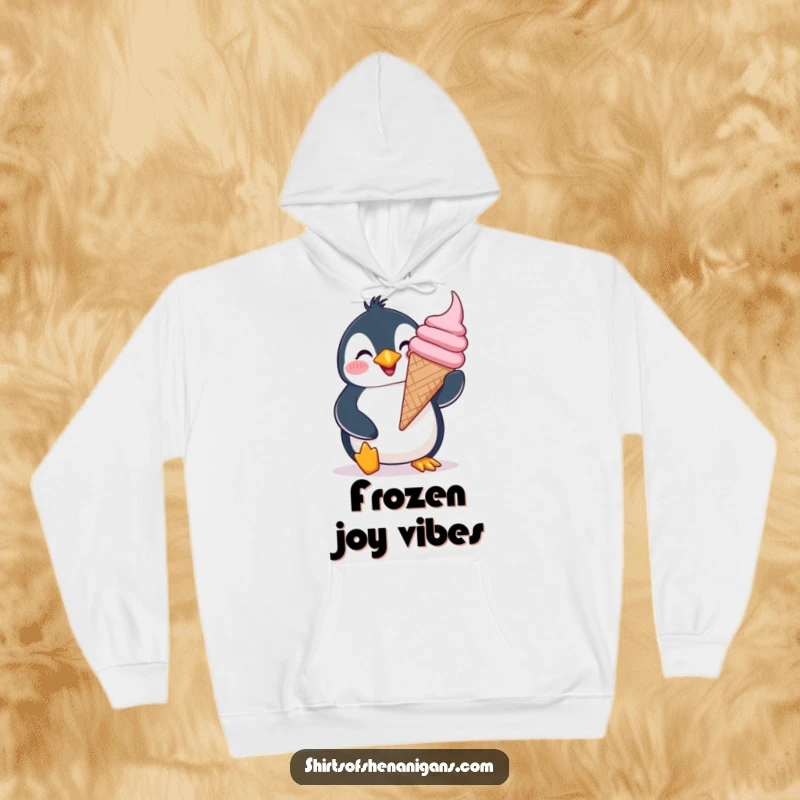Funny giddy penguin hoodie, hugging a giant ice cream cone with a silly grin, offering cozy cheer.