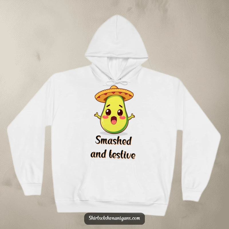Funny hoodie featuring a surprised avocado in a sombrero, bringing festive cheer and cozy, funny gift.