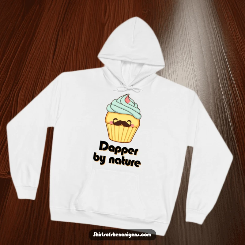 Funny hoodie with a giggling cupcake adorning itself with a frosting mustache, offering warmth and whimsical charm.