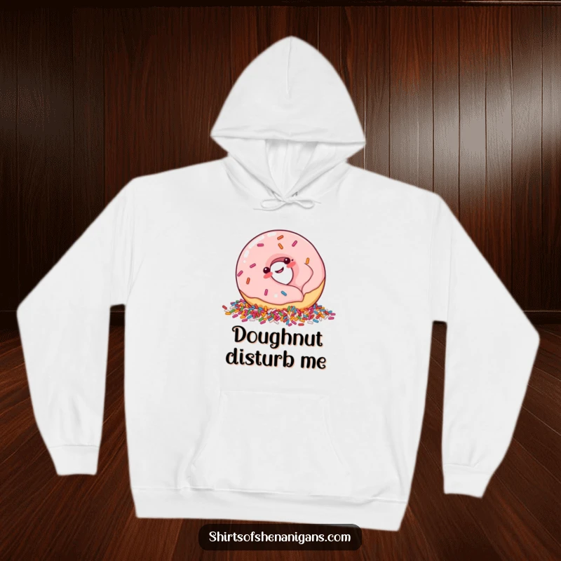 Funny Hoodie: Plump donut giggling and rolling into sprinkles, a cozy and humorous piece of clothing.