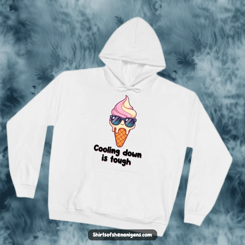 Funny hoodie featuring a melting ice cream cone with sunglasses, looking blissfully relieved and cool.