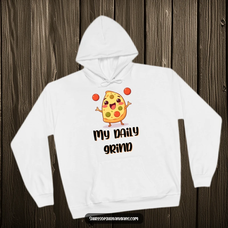 Funny Hoodie: Happy pizza slice juggling meatballs, a cozy and humorous piece of clothing for foodies.