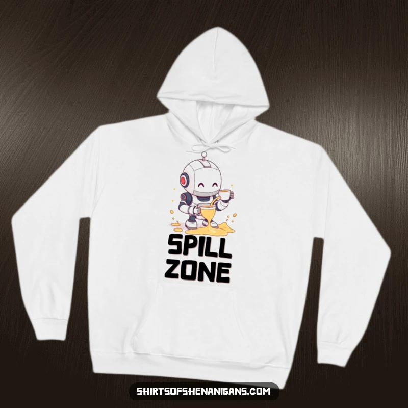 Funny robot hoodie showing a clumsy robot spilling tea with a shy smile, offering warmth and humorous charm.