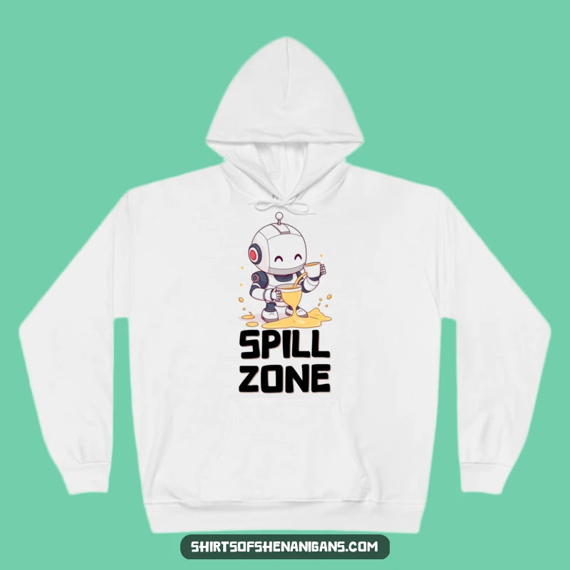 Funny Robot Tea Spill Hoodie - Clumsy Bot & Shy Smile Comfort Gift