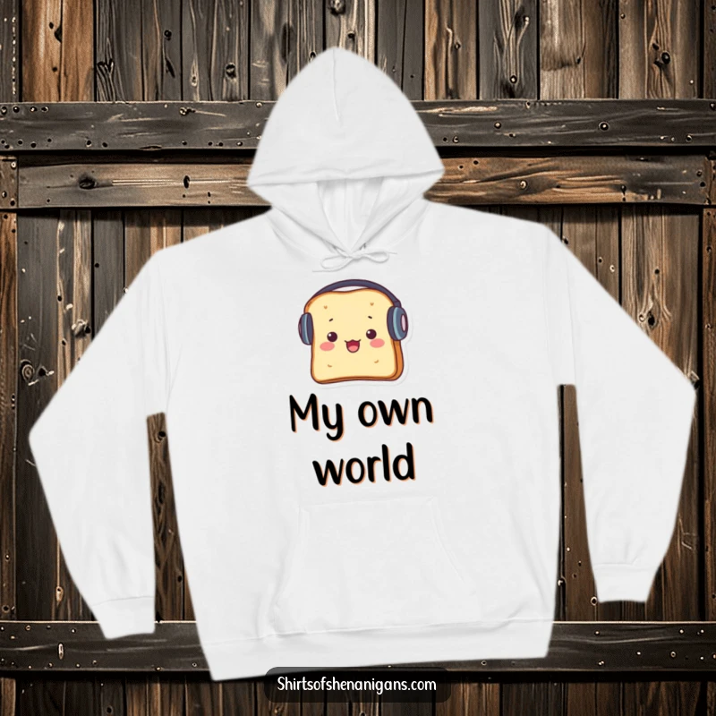 Funny hoodie with a startled piece of toast wearing massive headphones, perfect for music lovers.