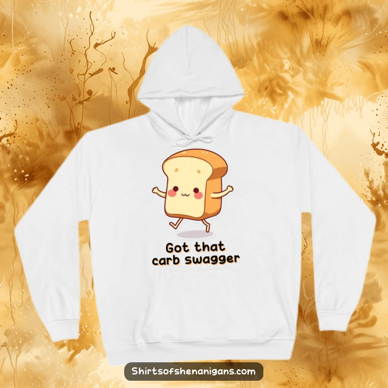 Funny dancing loaf of bread with tiny legs tapping its feet on a soft hoodie, perfect for cozy and cheerful wear.
