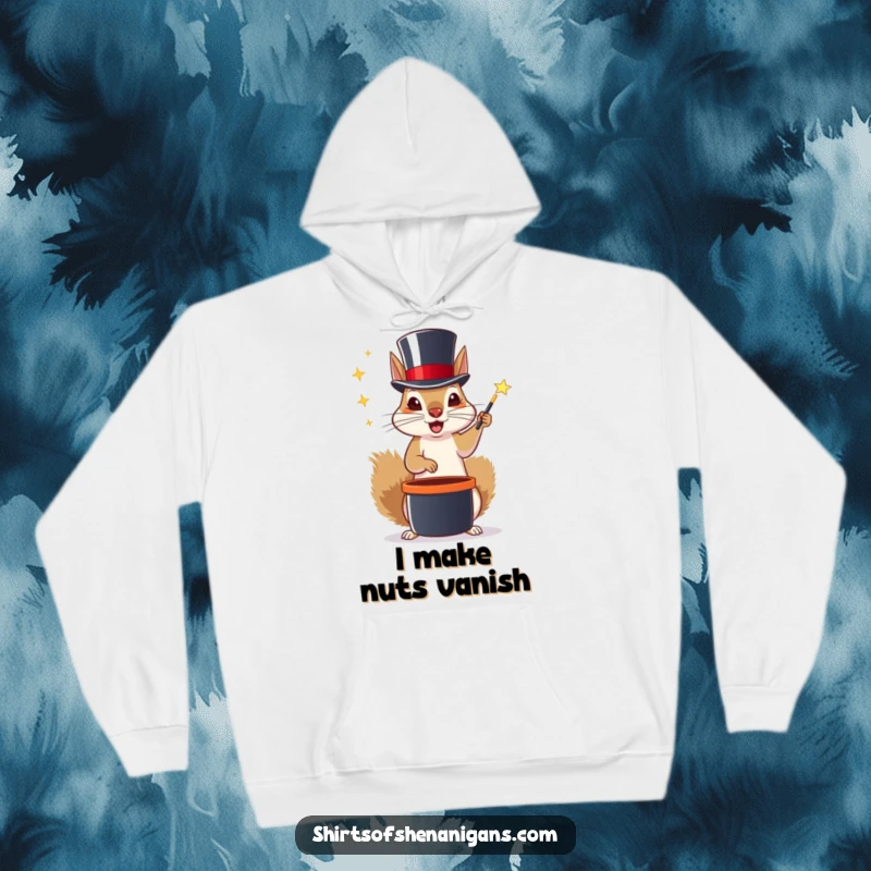 Funny hoodie featuring a squirrel in a top hat, performing a magic trick, exuding enchanting whimsy.