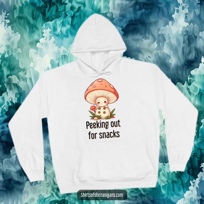 Funny Mushroom Chef Hoodie: A shy mushroom character peeking from under a mushroom cap, designed for comfort.