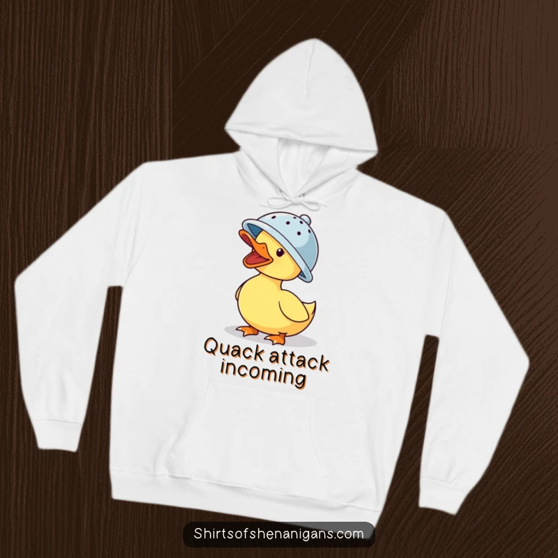 Funny hoodie: A duck in a colander hat, quacking with gusto, embodying pure, unadulterated silliness and warmth.
