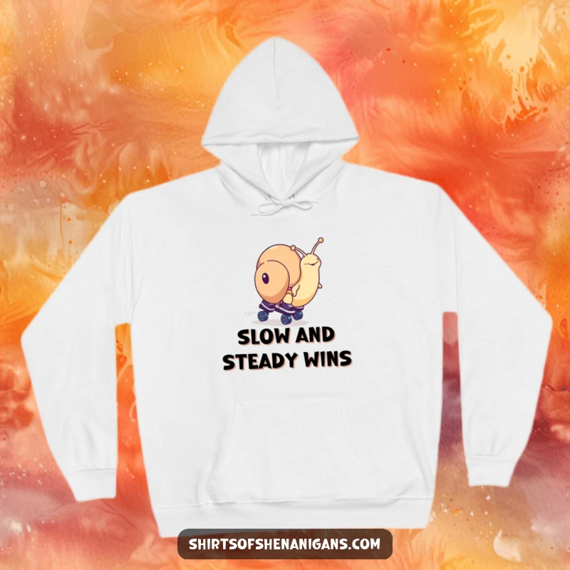 Funny snail character in roller skates, in mid-race action, featured on a warm hoodie, providing comfort and comical joy.