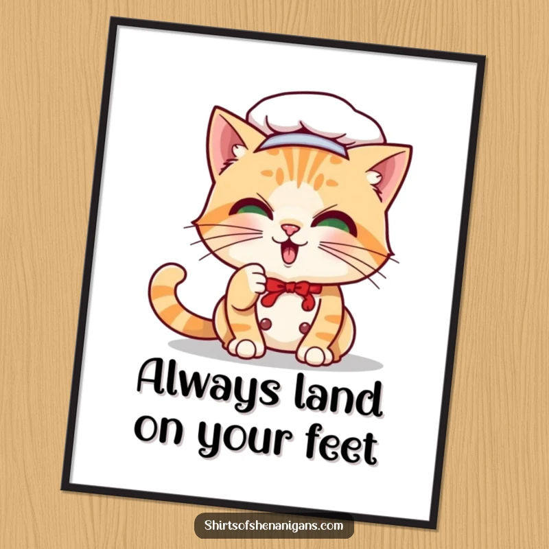 Funny Free Printable Wall Art of a playful cat chef comically batting at its own whisker, adding quirky charm.
