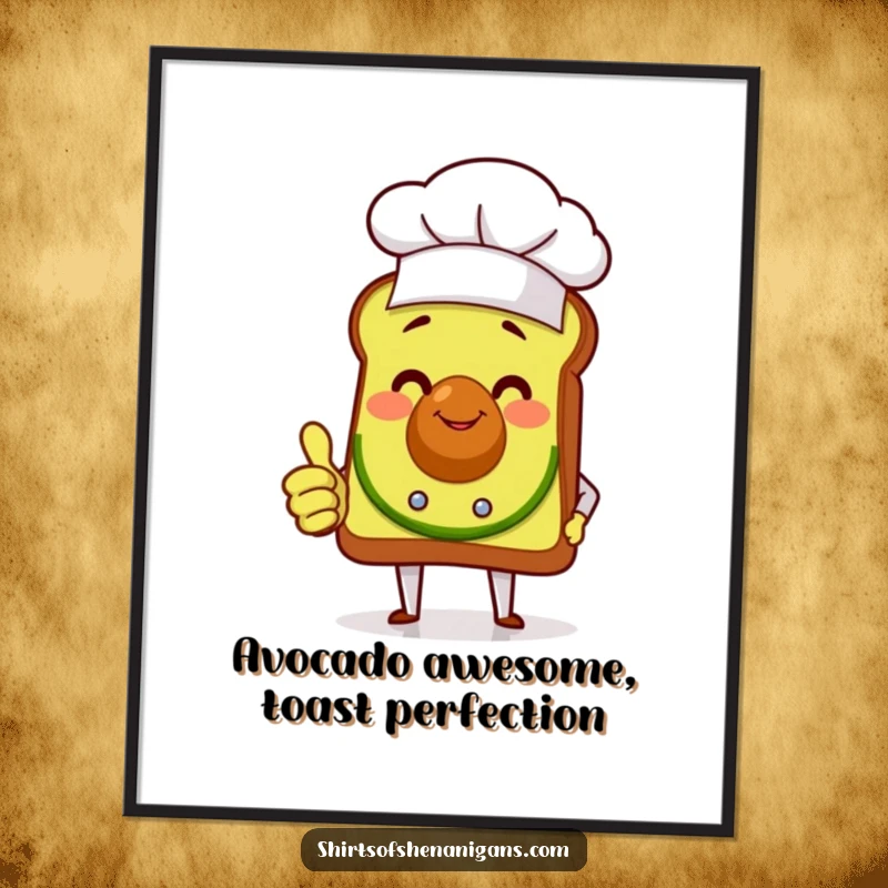 Funny Free Printable Wall Art featuring a smiling avocado toast chef giving a thumbs up, perfect for kitchen or dining room decor.