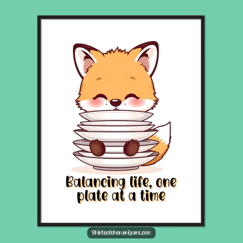 Funny Free Printable Wall Art: Fox Cub Balancing Plates, Cute Downloadable Decor