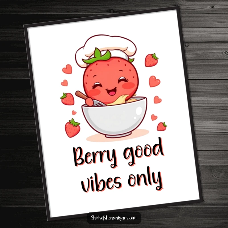 Funny Free Printable Wall Art of a cheerful strawberry chef joyfully mixing batter, bringing a smile to any kitchen.