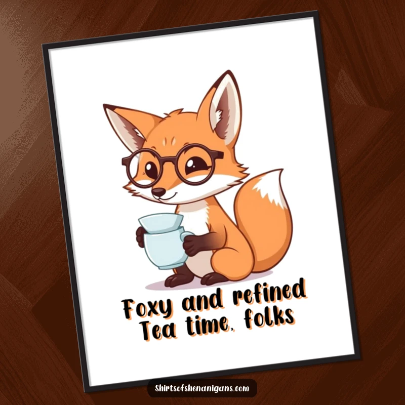 Funny Free Printable Wall Art: A fox in a monocle dramatically sipping tea, adding an artistic and humorous touch. A downloadable statement piece.