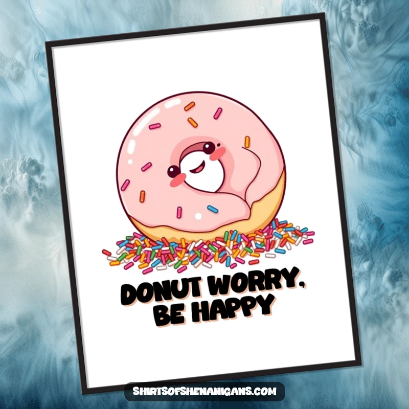 Funny Free Printable Wall Art: A plump donut with a wide smile giggles as it rolls into a large, colorful pile of sprinkles.