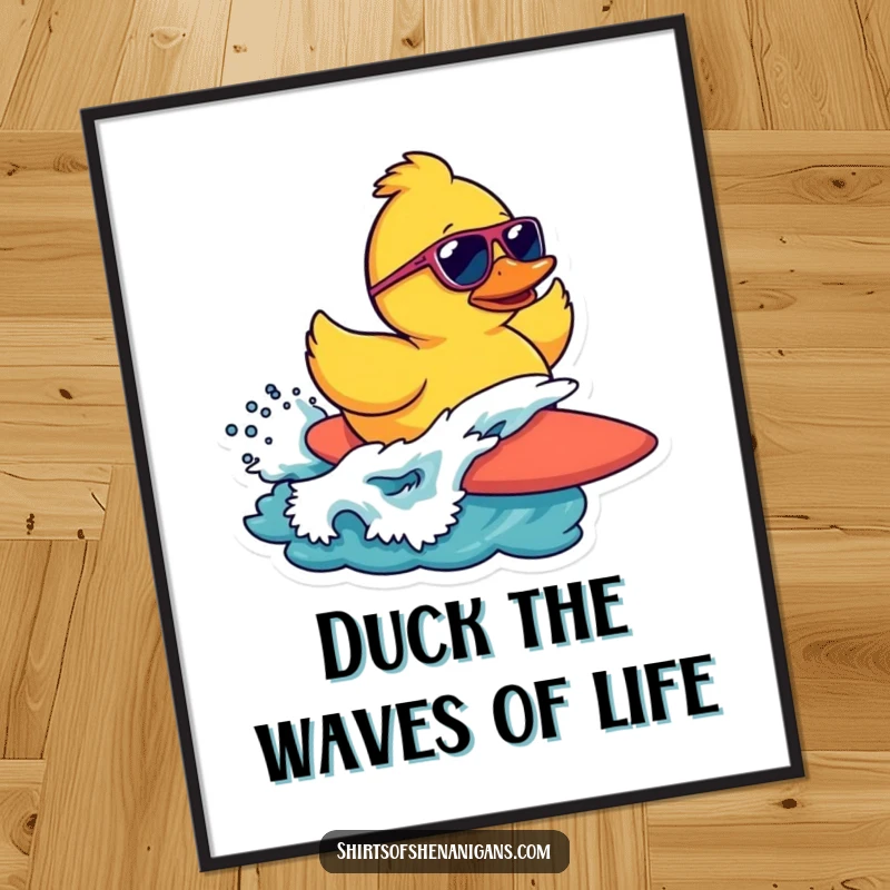 Funny Free Printable Wall Art of a rubber duck wearing sunglasses, humorously attempting to surf a wave with epic style.