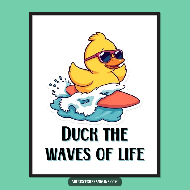 Funny Free Printable Wall Art: Surfing Duck with Sunglasses, Downloadable Decor