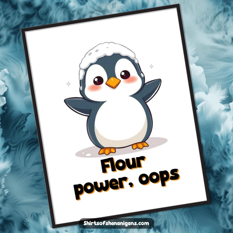 Funny Free Printable Wall Art: Clumsy penguin completely covered in flour, looking hilariously lost in the kitchen.