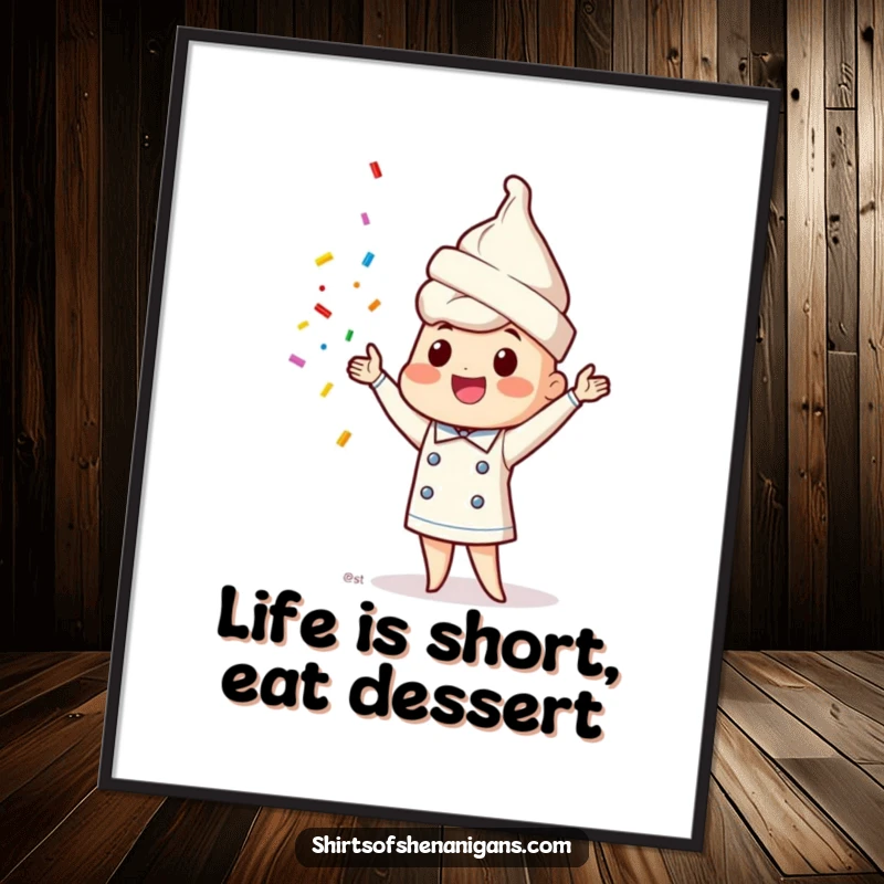 Funny Free Printable Wall Art featuring a happy ice cream cone chef juggling colorful sprinkles, a whimsical piece perfect for dessert enthusiasts.