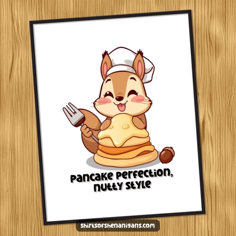Funny Free Printable Wall Art of a proud squirrel chef presenting a comically large acorn pancake, a delightful piece for culinary enthusiasts.