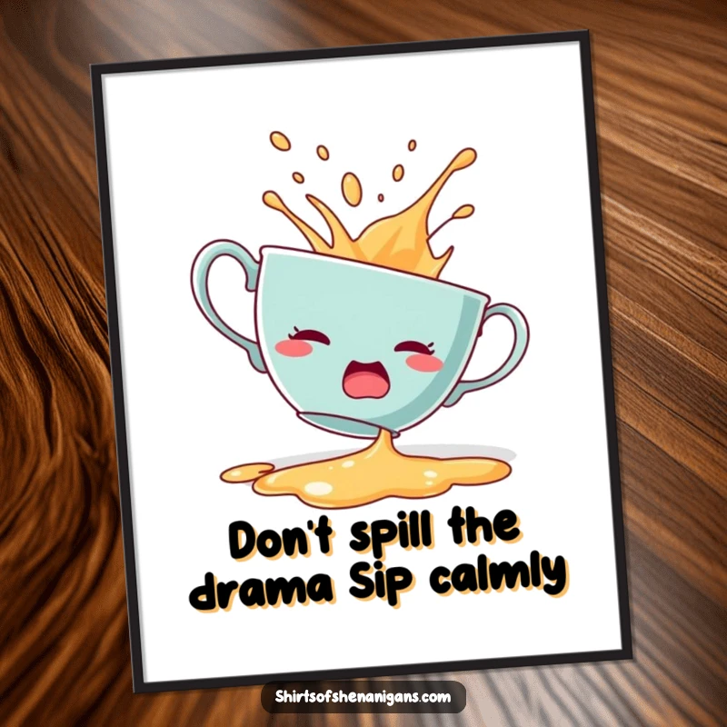 Funny Free Printable Wall Art: Startled teacup dramatically spills its contents, adding a splash of humor to decor.