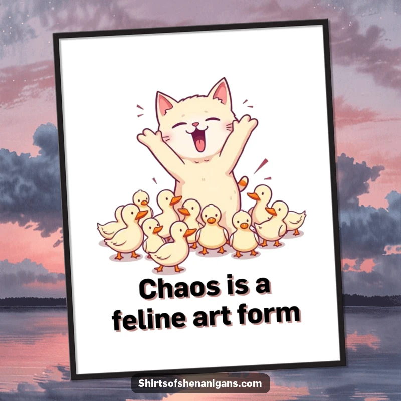 Funny Free Printable Wall Art: A chaotic cat hilariously trying to herd tiny ducks, creating a whimsical and amusing scene.