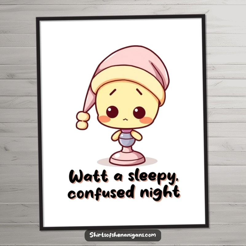 Funny Free Printable Wall Art: A confused bedside lamp is depicted wearing a soft nightcap, looking sleepy and a bit bewildered.