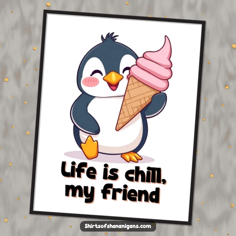 Funny Free Printable Wall Art: Giddy penguin with a huge grin balancing ice cream, joyful decor, perfect for DIY.