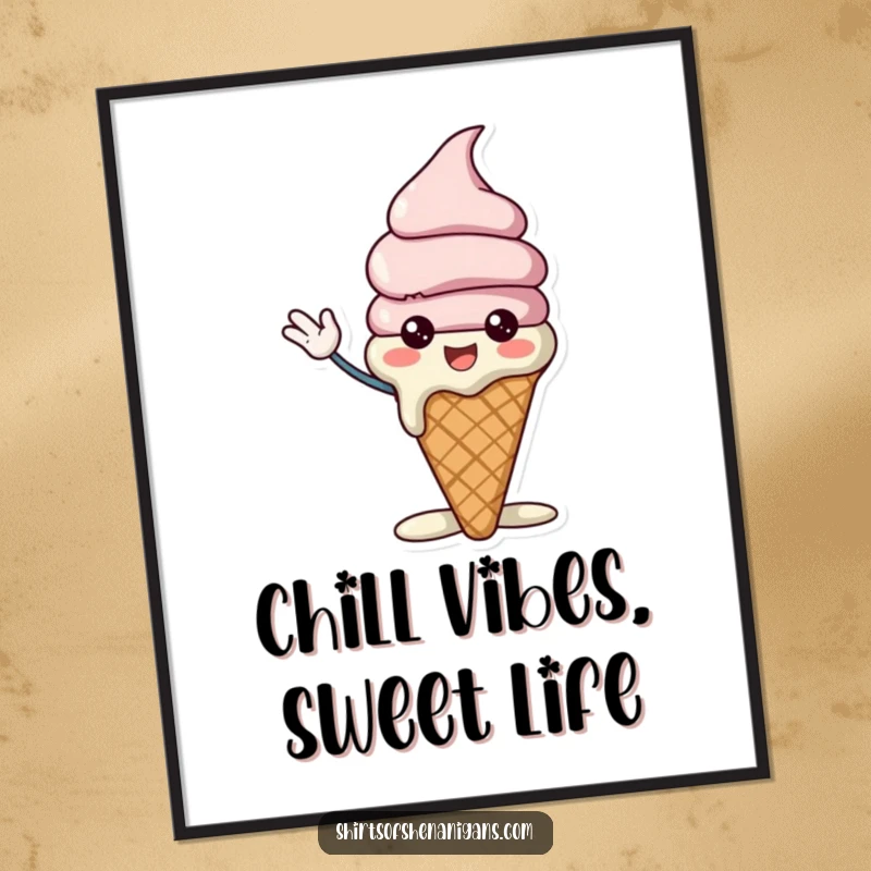 Funny Free Printable Wall Art: Cheerful melting ice cream cone waving excitedly, bringing sweet humor to decor.