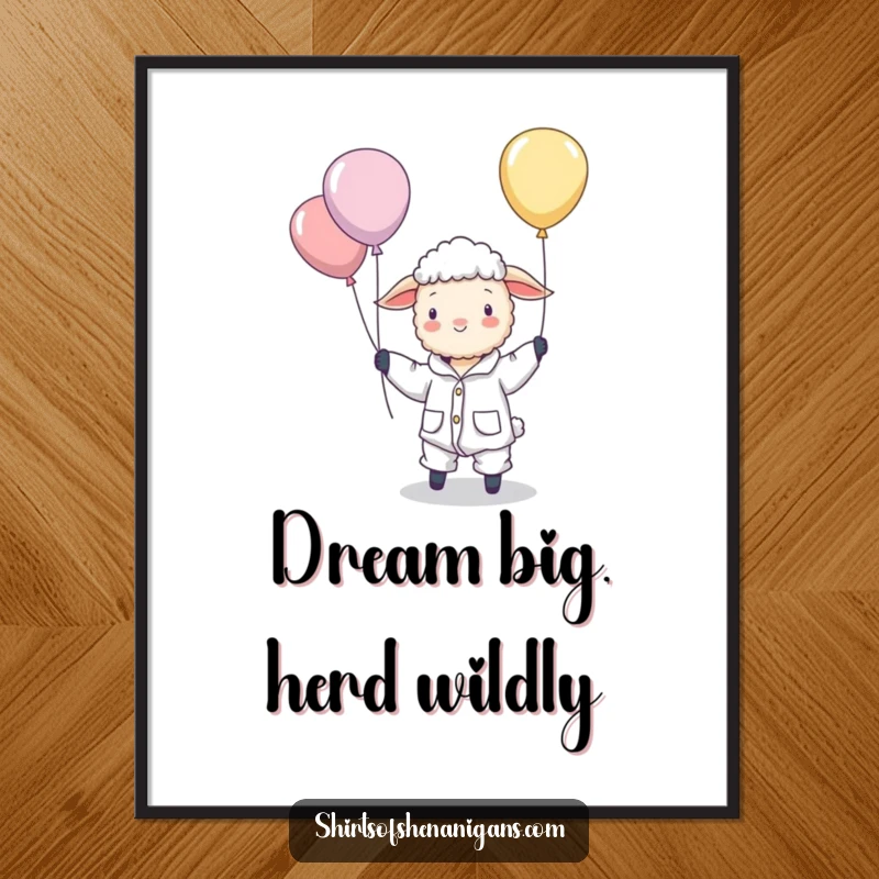 Funny Free Printable Wall Art: A sheep wearing pajamas humorously corrals floating balloons, adding quirky charm to walls.