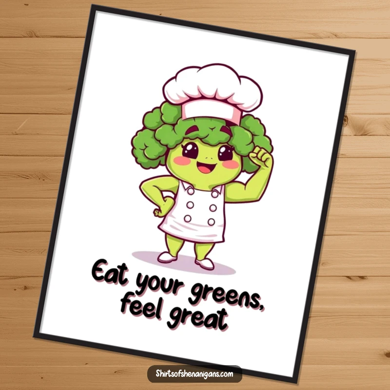 Funny Free Printable Wall Art of a proud broccoli chef flexing a tiny muscle, inspiring strength and health.