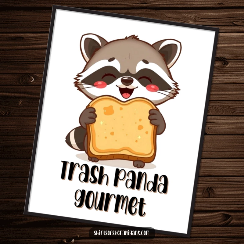 Funny Free Printable Wall Art: Delighted raccoon proudly presenting a piece of burnt toast as a culinary masterpiece.