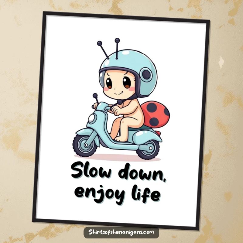 Funny Free Printable Wall Art: Determined snail character wearing a helmet, racing a ladybug scooter with humor.