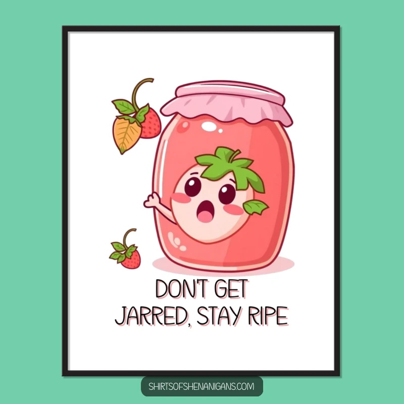 Funny Free Printable Strawberry Wall Art: Escaping Fruit, Jam Jar Scene, Downloadable Decor