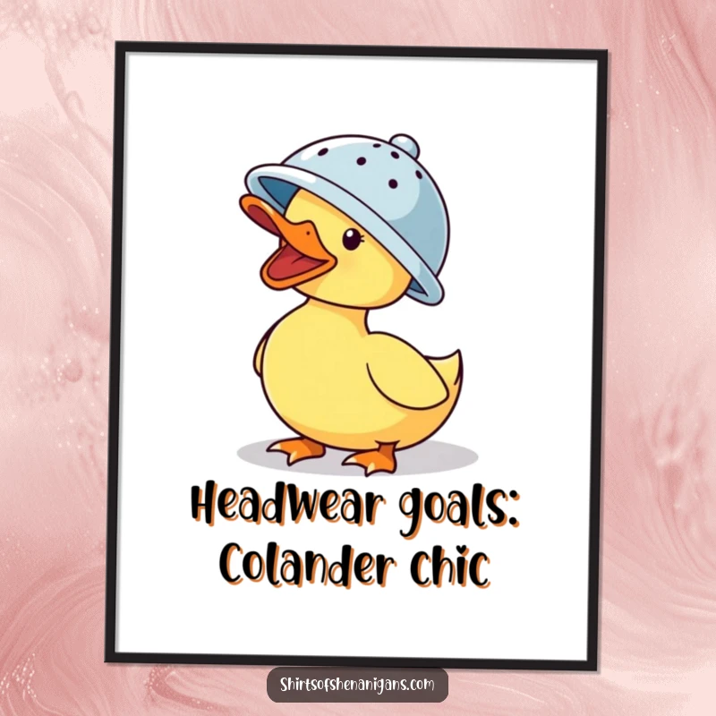 Funny Free Printable Wall Art: A duck humorously wearing a colander hat and quacking loudly, adding a silly vibe to any room.