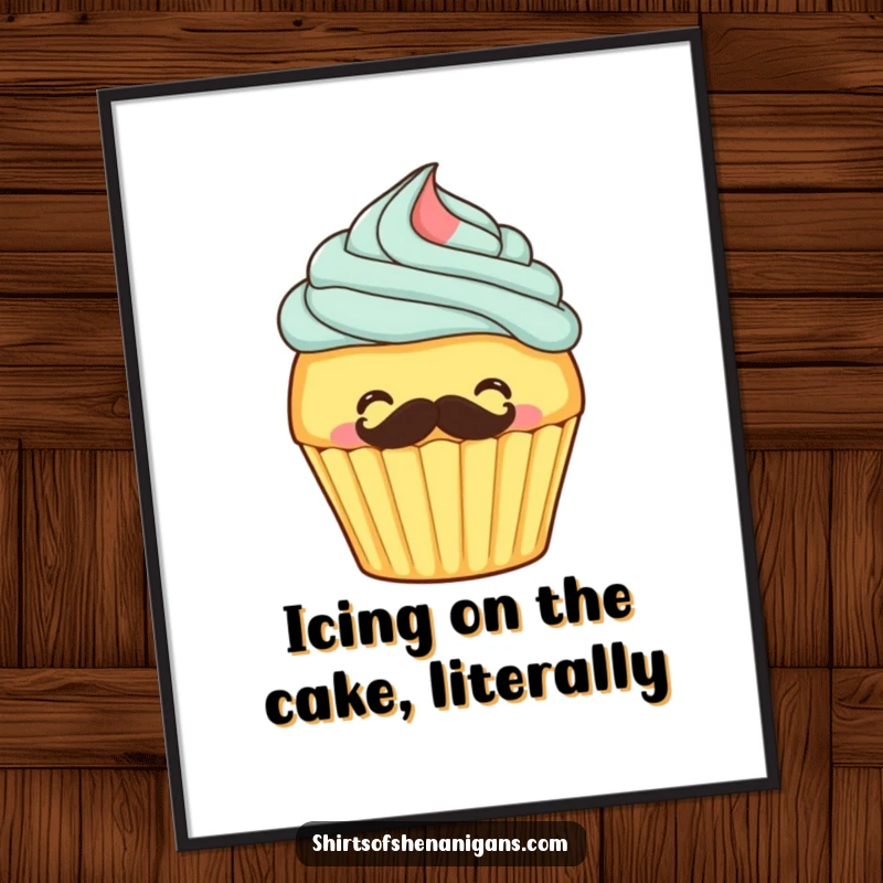 Funny free printable wall art of a giggling cupcake frosting a mustache onto itself, a whimsical and sweet decor piece.