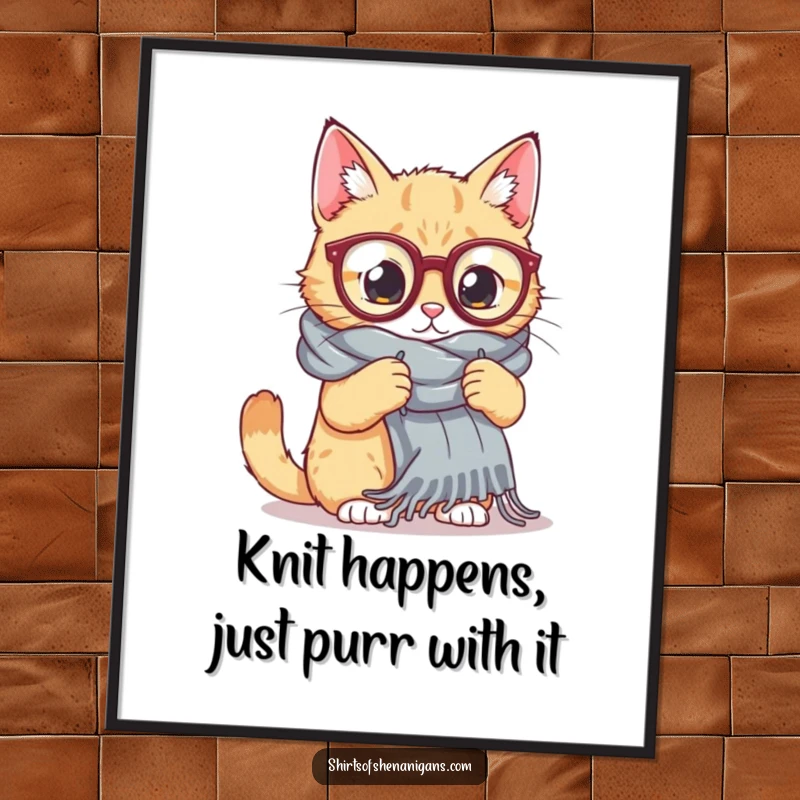 Funny free printable wall art of a cat wearing oversized glasses, studiously attempting to knit a very long scarf.