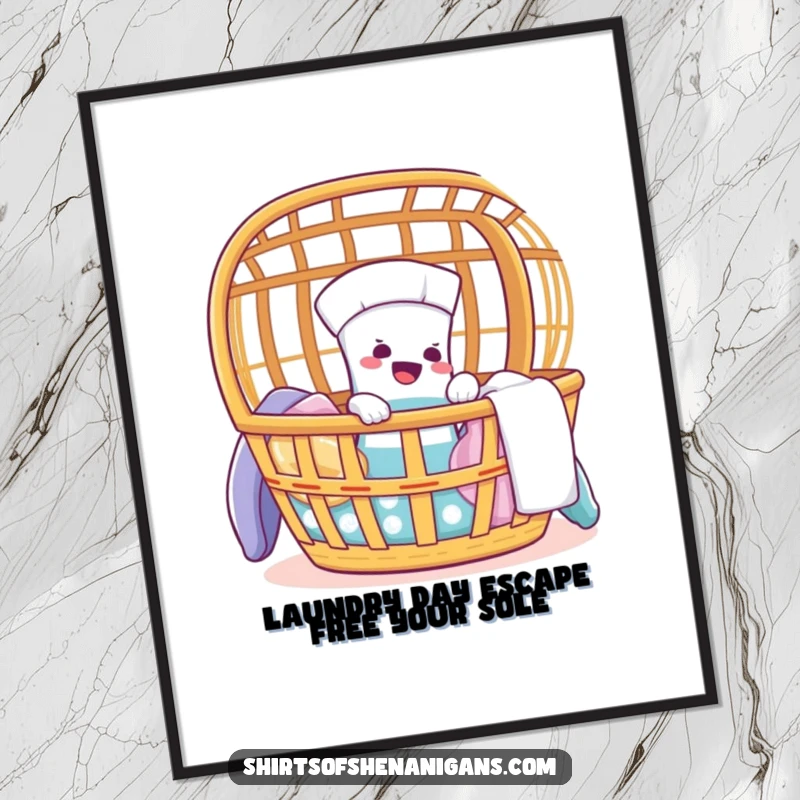 Funny Free Printable Wall Art: Giggling sock humorously tries to escape a laundry basket, adding playful charm.