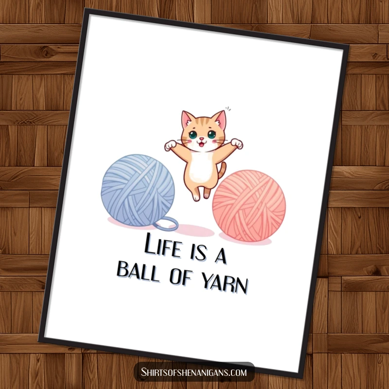 Funny Free Printable Wall Art: A sleek cat in mid-air, leaping effortlessly between two large balls of yarn.